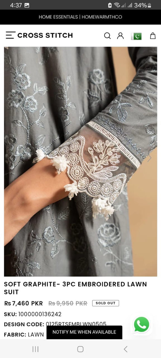 Cross stitch 3pcs unstitched embroidered lawn suit