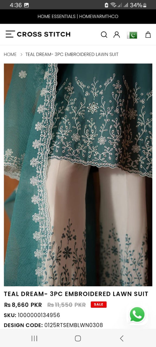 Cross stitch 3pcs unstitched embroidered lawn suit