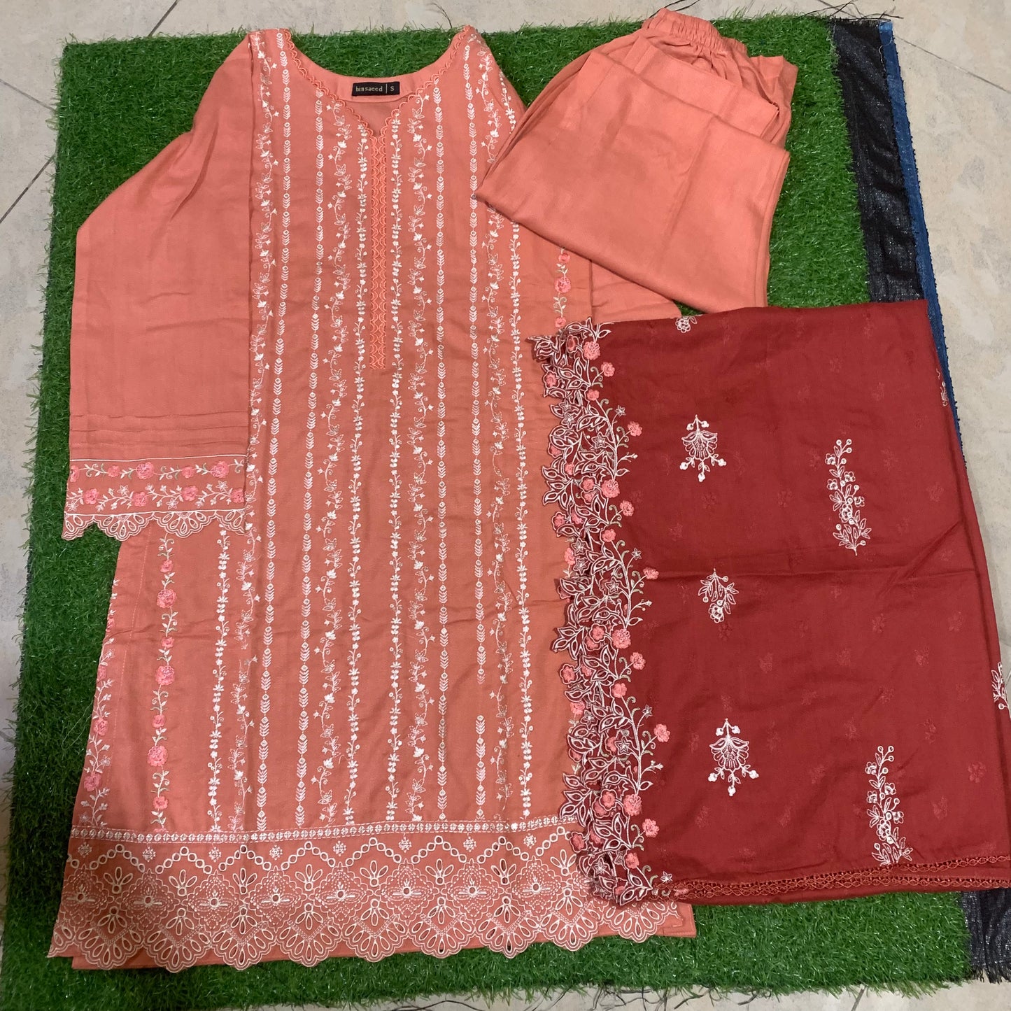 Marina 3 pcs stitched suit white embroidery peach base
