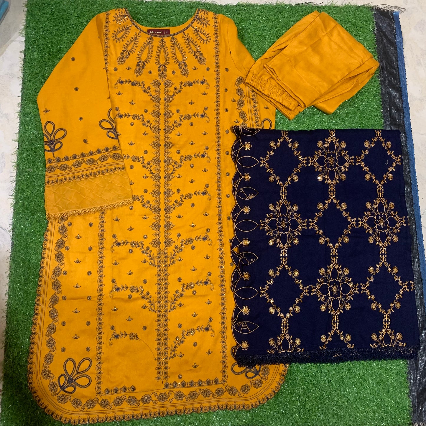 Marina 3 pcs stitched suit blue embroidery mastard base size 12
