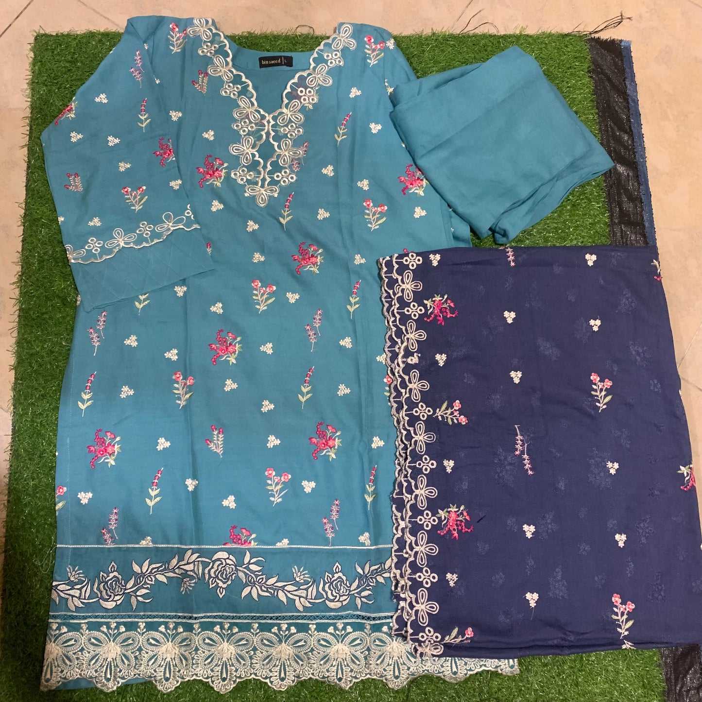 Marina 3 pcs stitched suit white embroidery sky blue base