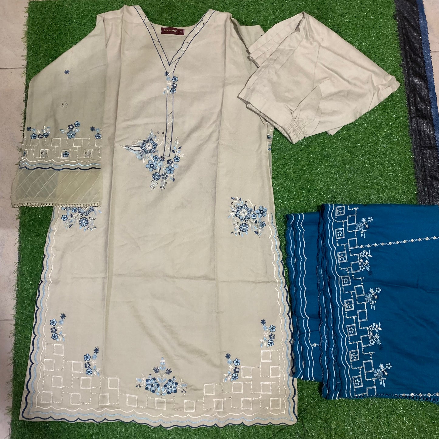 Marina 3 pcs stitched suit blue embroidery skin base 12 size