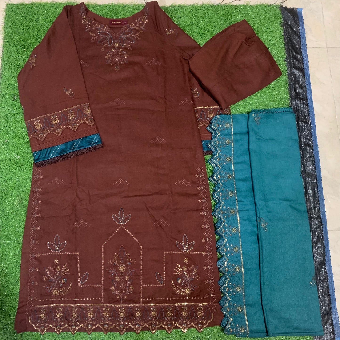 Marina 3 pcs stitched suit golden embroidery brown base
