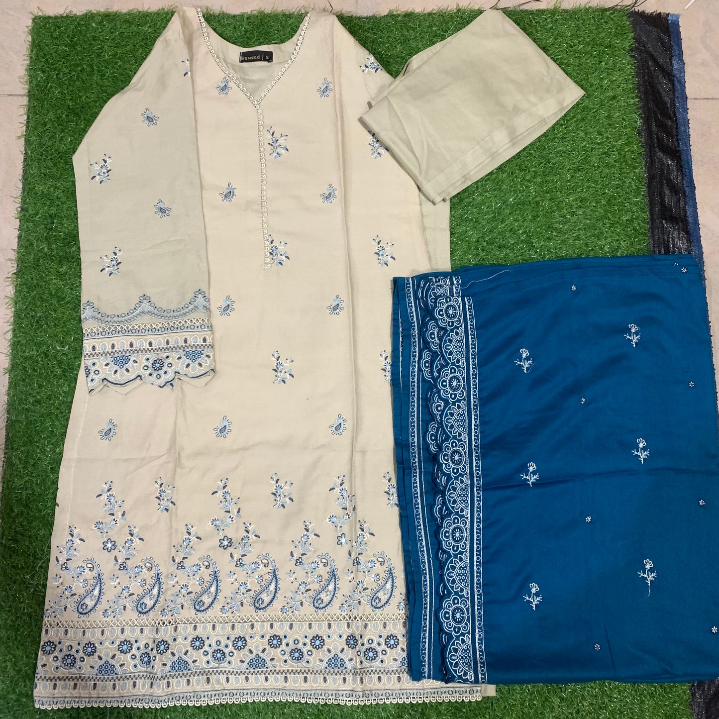 Marina 3 pcs stitched suit blue embroidery skin base small size