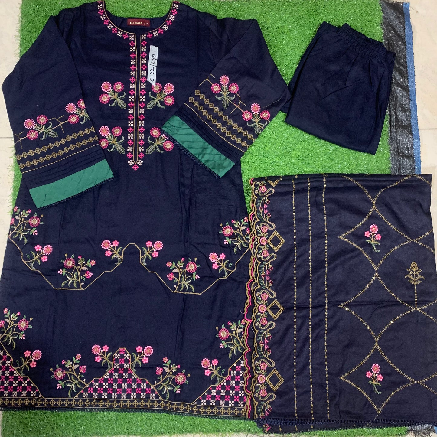 Smb 086 Marina 3 pcs stitched suit dark blue base SIZE 14