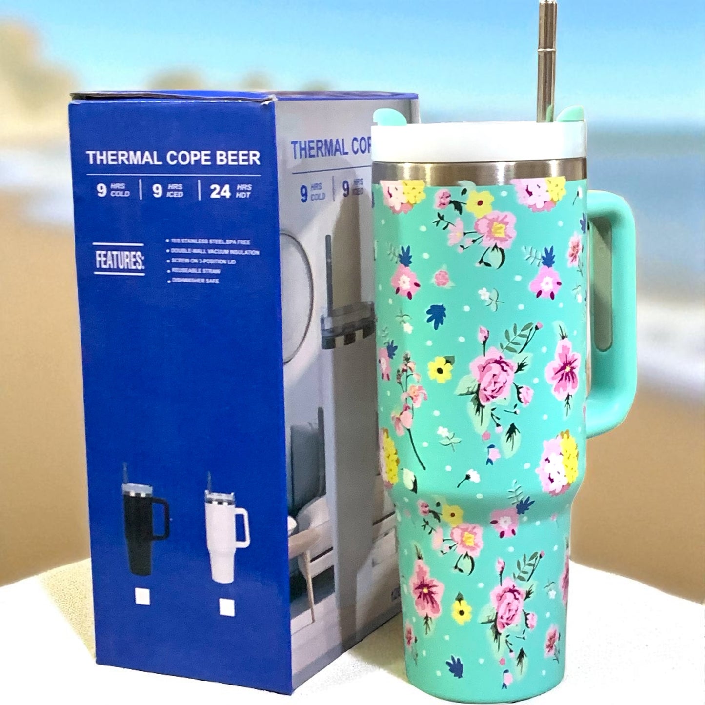 Tumbler floral wirhout logo with steel straw
