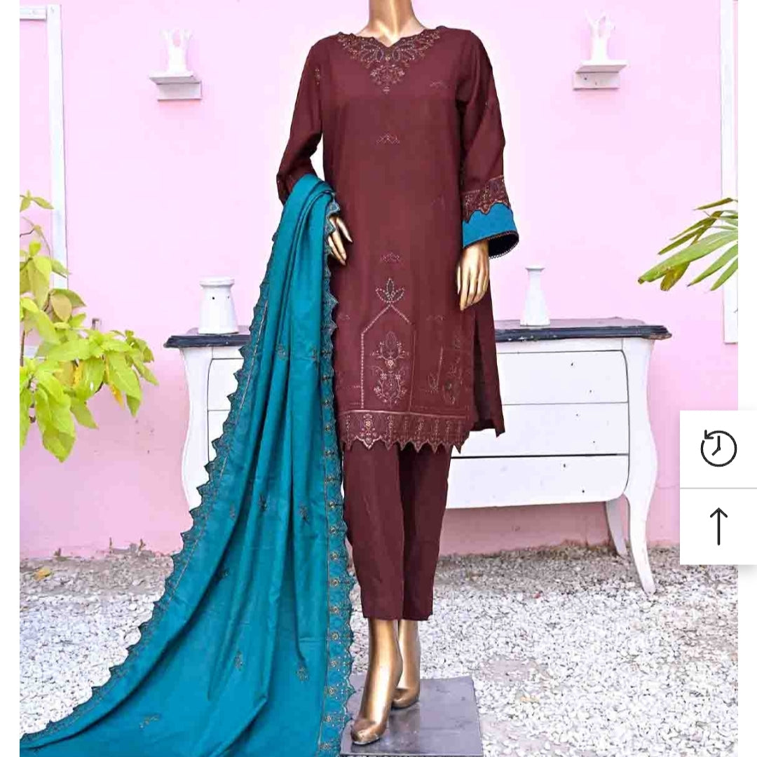 Marina 3 pcs stitched suit brown with printed trouser embroidery size 12