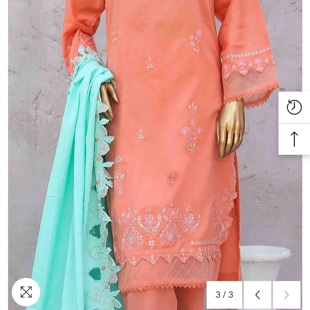 Marina 3 pcs stitched peach suit with embroidery shawl size M