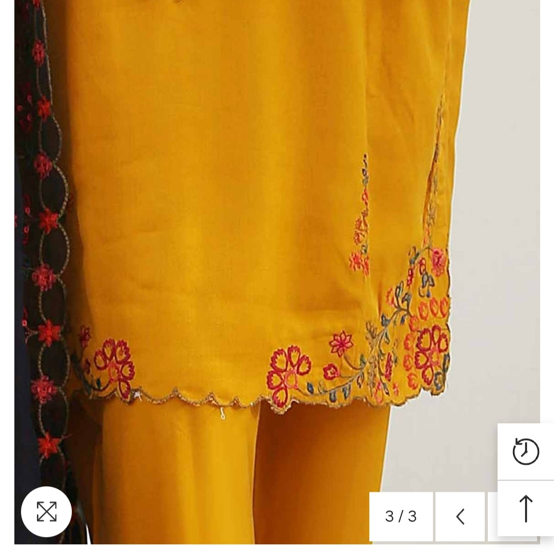 Smb 004 Marina 3 pcs stitched mastard suit with embroidery shawl size S