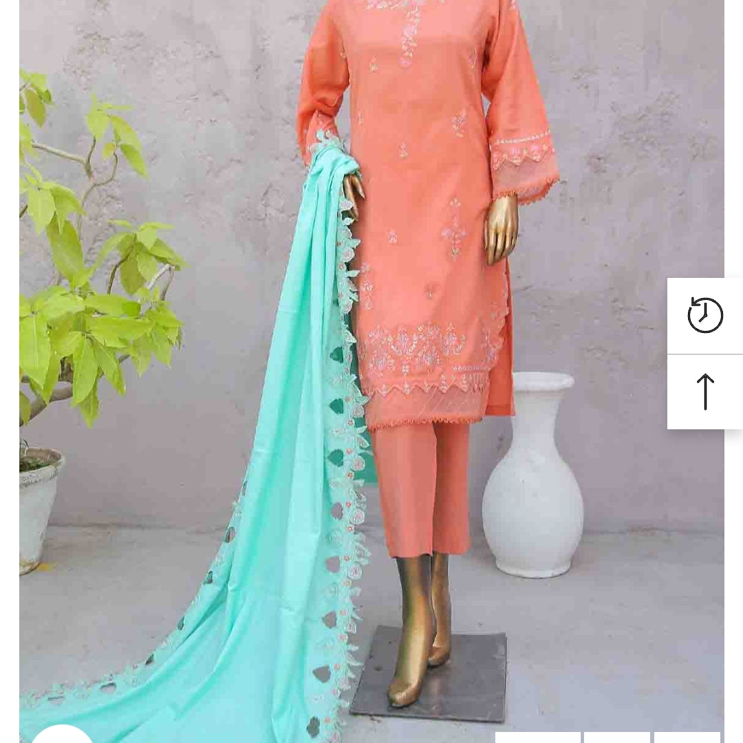 Marina 3 pcs stitched peach suit with embroidery shawl size M
