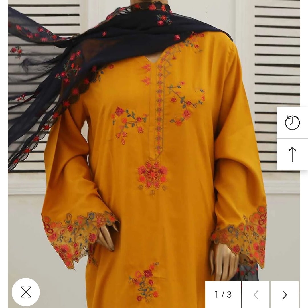 Smb 004 Marina 3 pcs stitched mastard suit with embroidery shawl size S
