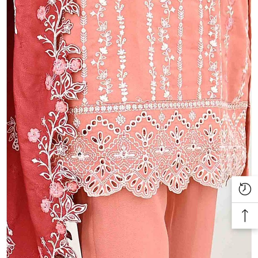 Marina 3 pcs stitched suit white embroidery peach base