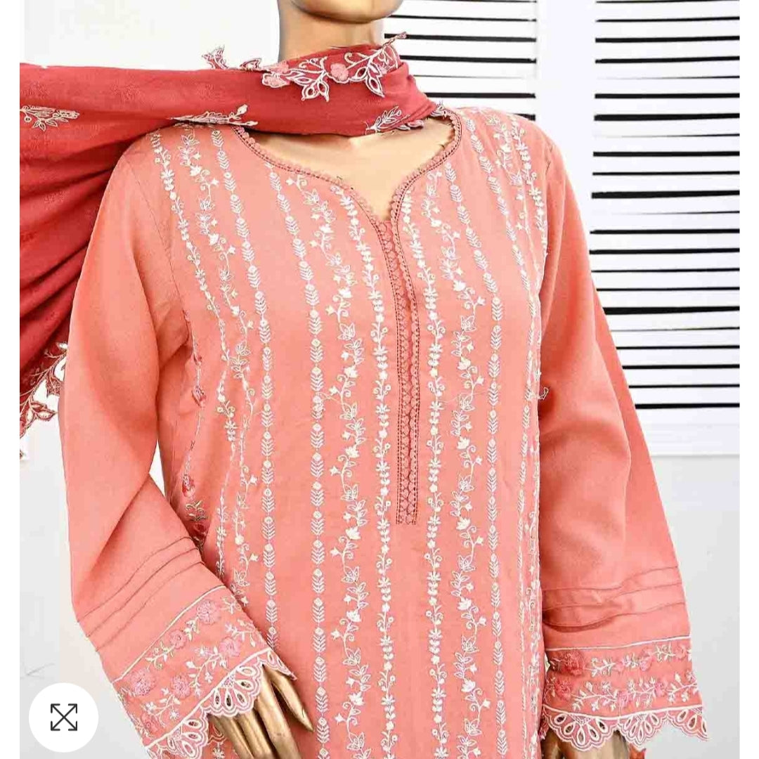 Marina 3 pcs stitched suit white embroidery peach base