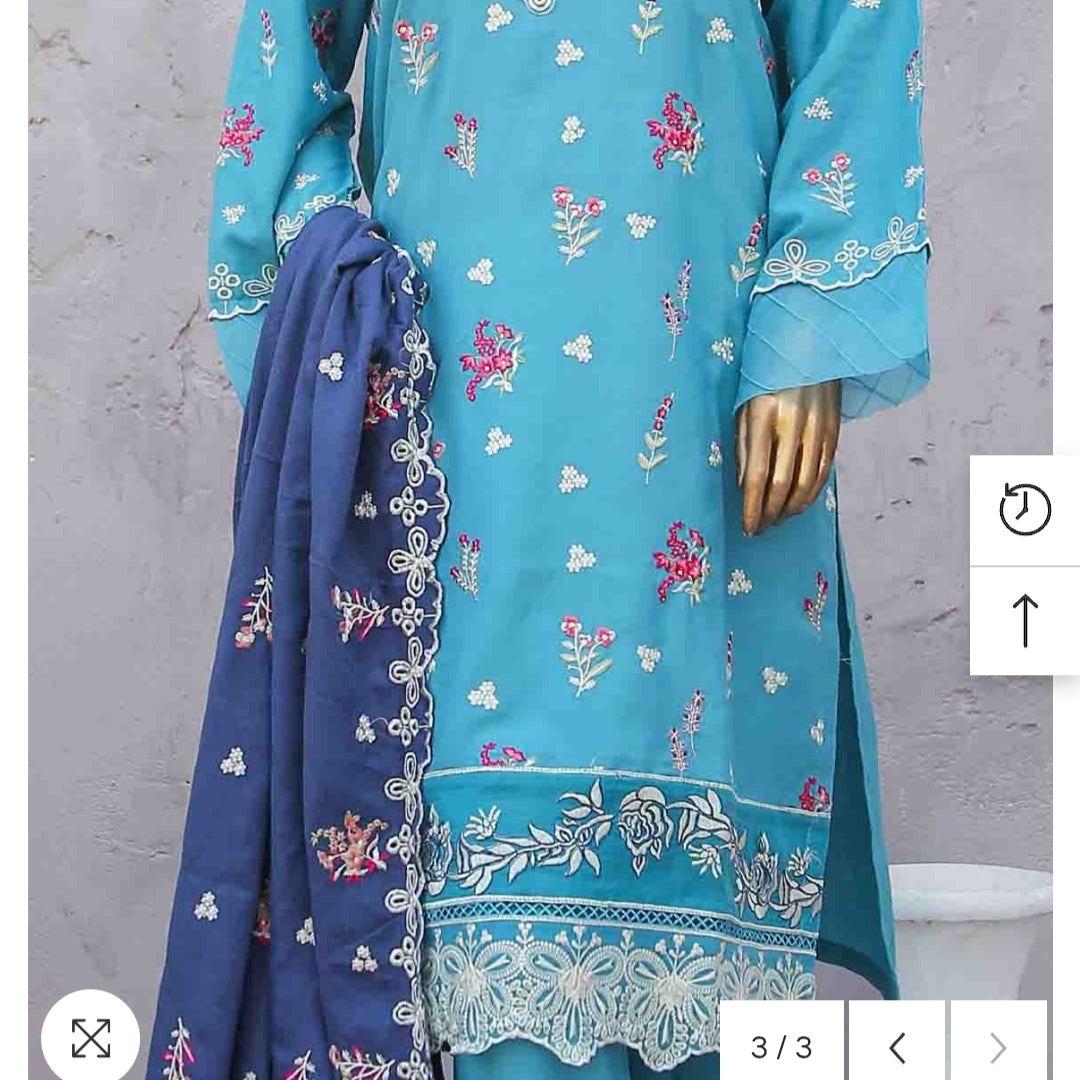 Marina 3 pcs stitched suit white embroidery sky blue base
