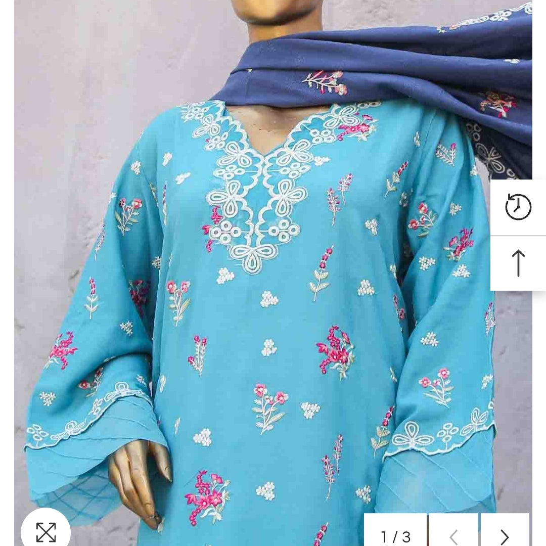 Marina 3 pcs stitched suit white embroidery sky blue base