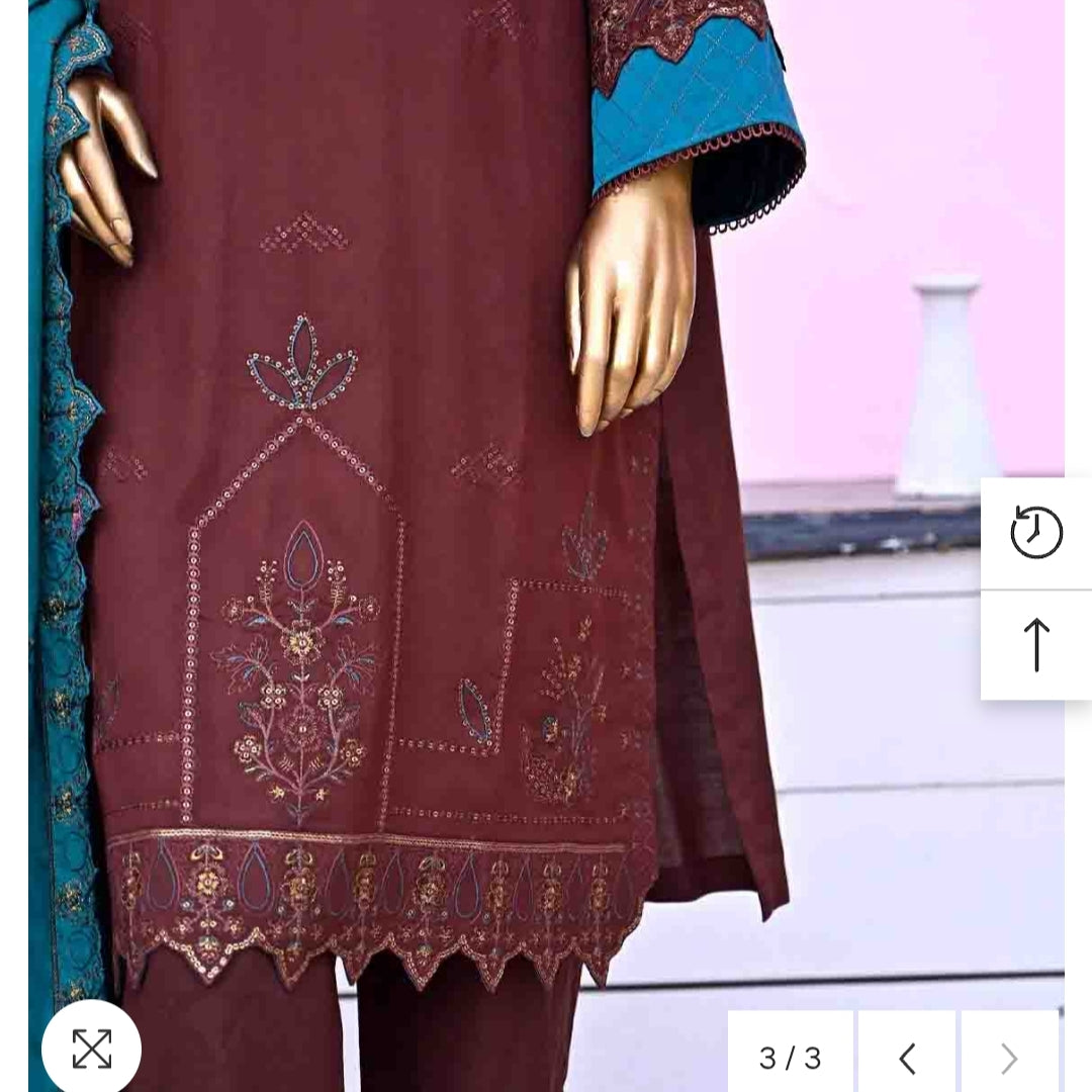 Marina 3 pcs stitched suit brown with printed trouser embroidery size 12