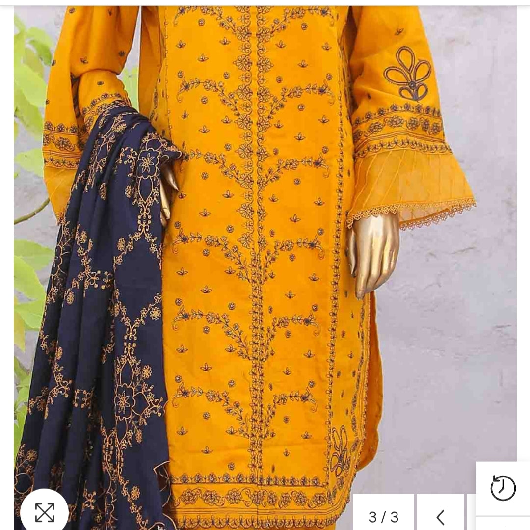 Marina 3 pcs stitched suit blue embroidery mastard base size 12