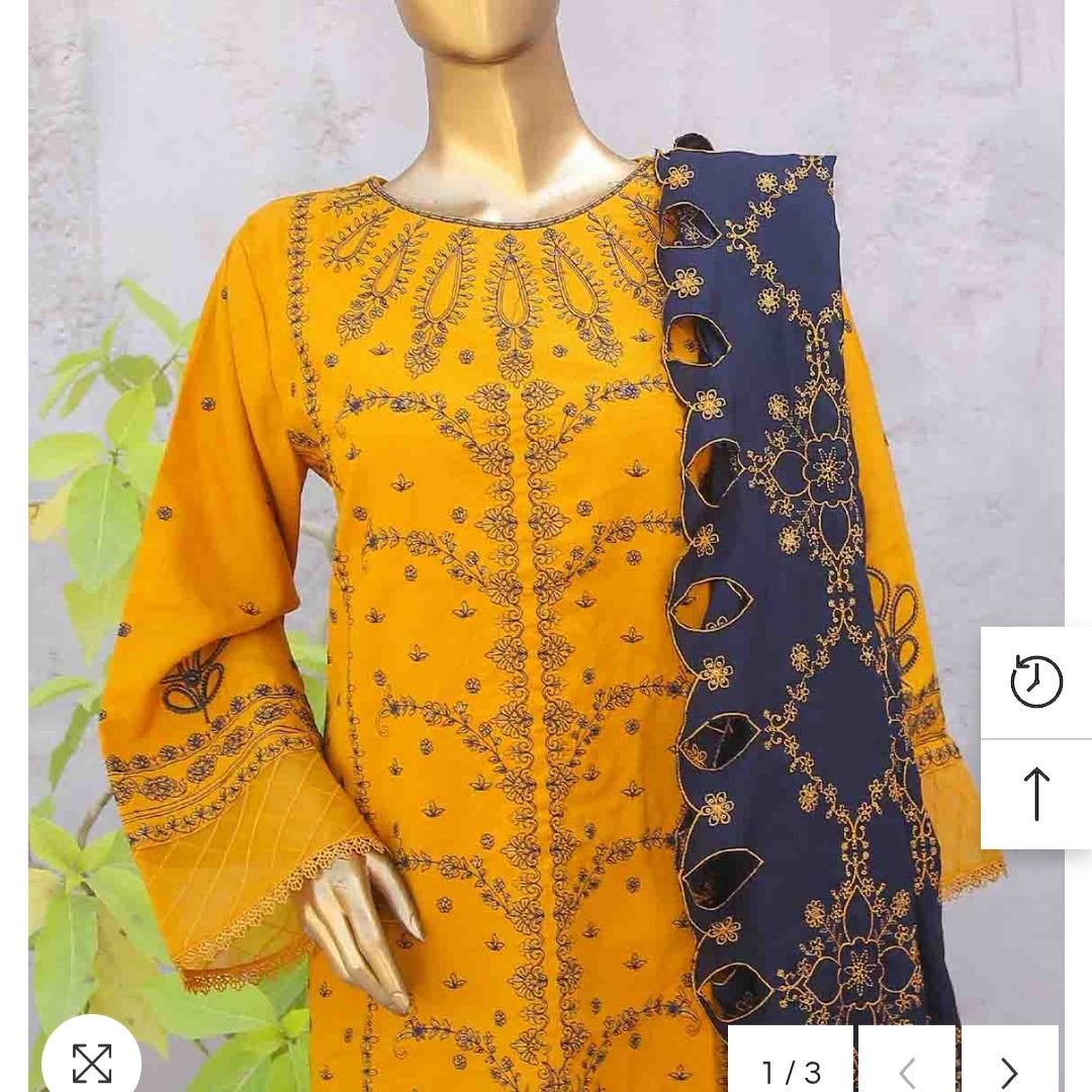 Marina 3 pcs stitched suit blue embroidery mastard base size 12