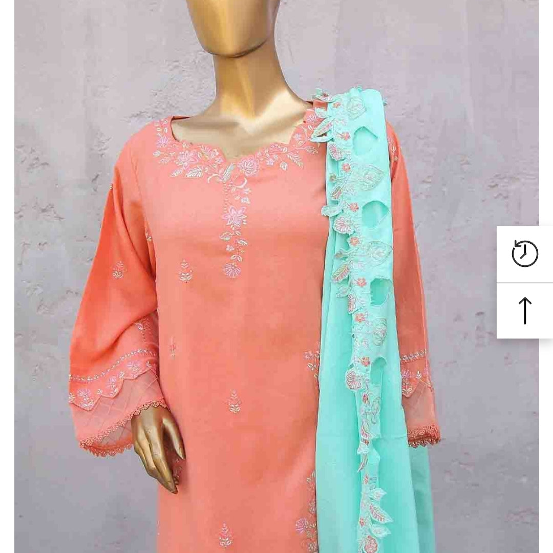 Marina 3 pcs stitched peach suit with embroidery shawl size M