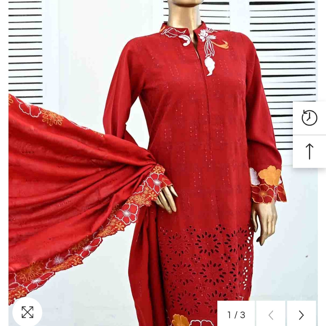 Marina 3 pcs stitched Red suit with embroidery cut work shawl size S