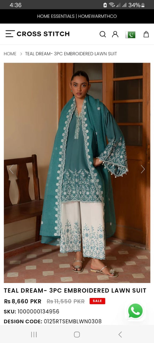 Cross stitch 3pcs unstitched embroidered lawn suit