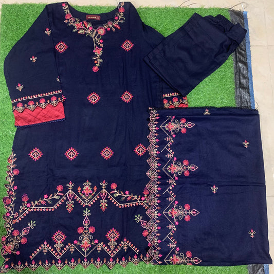 Marina 3 pcs stitched suit pink embroidery dark blue base 14 size