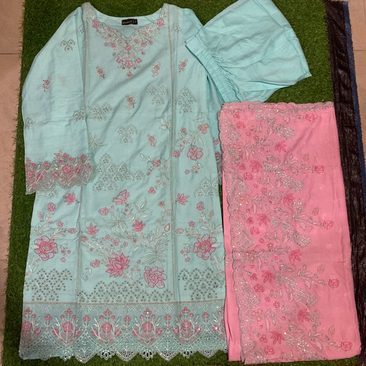 Marina 3 pcs stitched suit pink embroidery pestah base