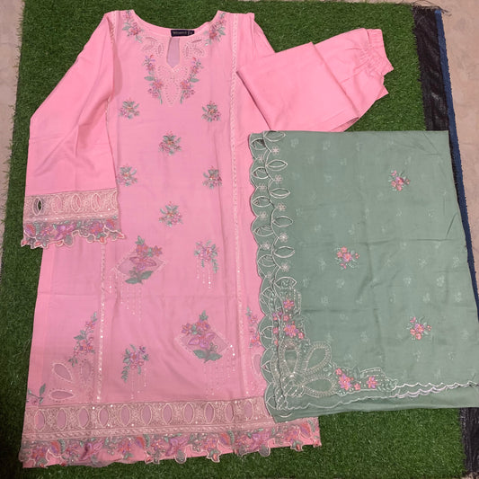 Marina 3 pcs stitched suit multi embroidery pink base