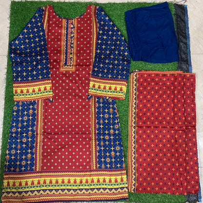 Smb 082 Linen 3 pcs stitched suit red base SIZE S