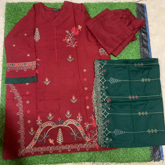Marina 3 pcs stitched suit multi embroidery red base
