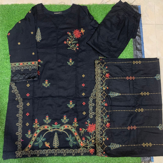 Marina 3 pcs stitched suit multi embroidery black base