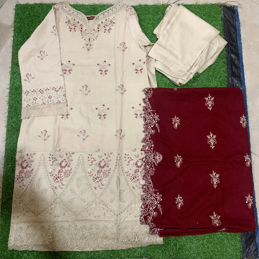 Marina 3 pcs stitched suit mahroon embroidery skin base