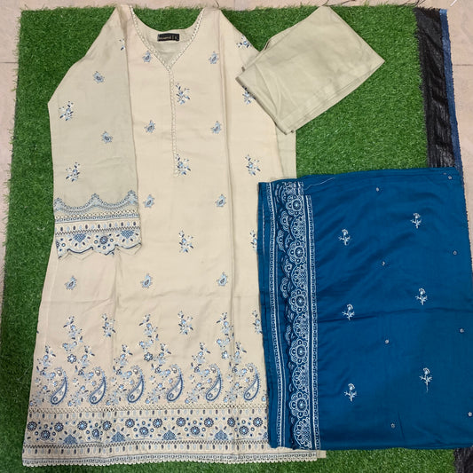 Marina 3 pcs stitched suit blue embroidery skin base small size