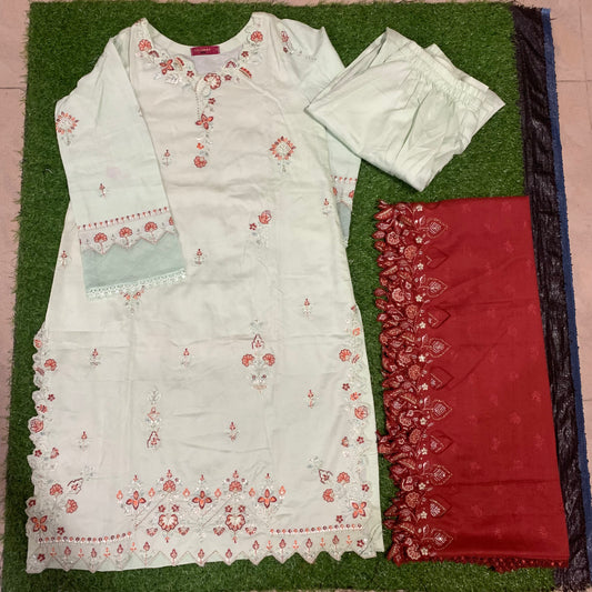 Marina 3 pcs stitched suit carrot embroidery Pista Green base