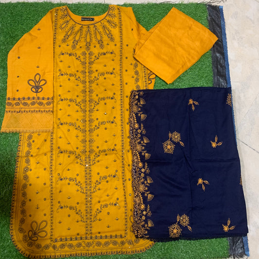 Marina 3 pcs stitched suit blue embroidery mastard base medium size