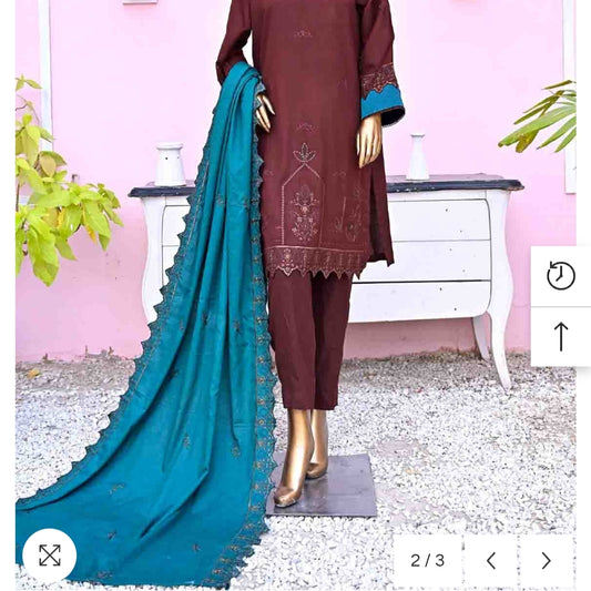 Marina 3 pcs stitched suit brown with printed trouser embroidery  size 12