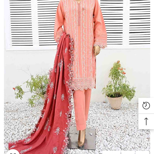 Marina 3 pcs stitched suit white embroidery peach base