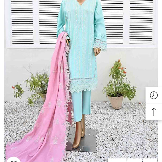 Marina 3 pcs stitched suit with pink embroidery shawl  size S