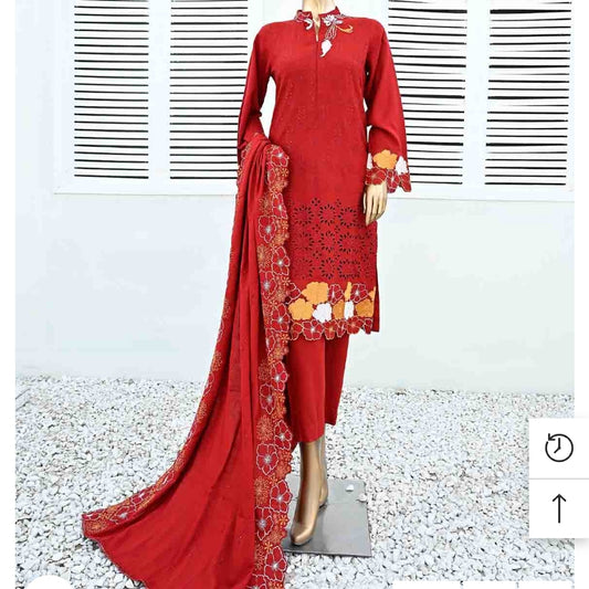 Marina 3 pcs stitched Red suit with embroidery cut work shawl  size S