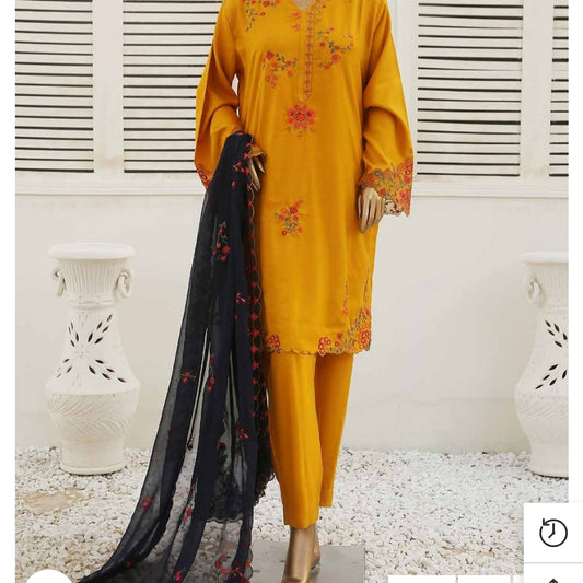 Smb 004 Marina 3 pcs stitched mastard suit with embroidery shawl  size S