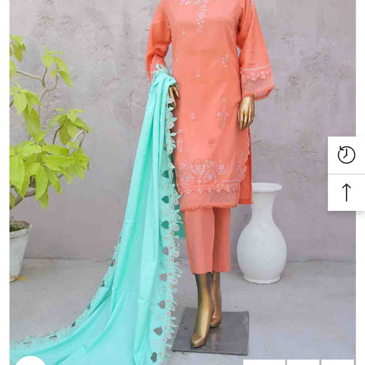 Marina 3 pcs stitched peach suit with embroidery shawl  size M