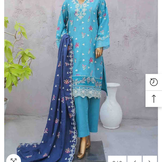 Marina 3 pcs stitched suit white embroidery sky blue base