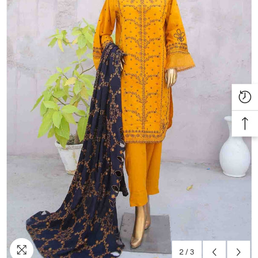 Marina 3 pcs stitched suit blue embroidery mastard base size 12