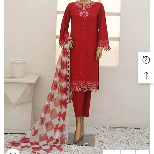 Smb 005 Marina 3 pcs stitched Red suit with embroidery shawl  size M