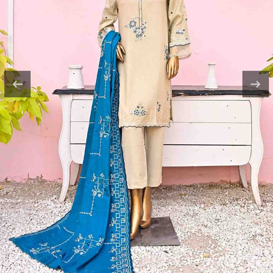 Marina 3 pcs stitched suit blue embroidery skin base 12 size